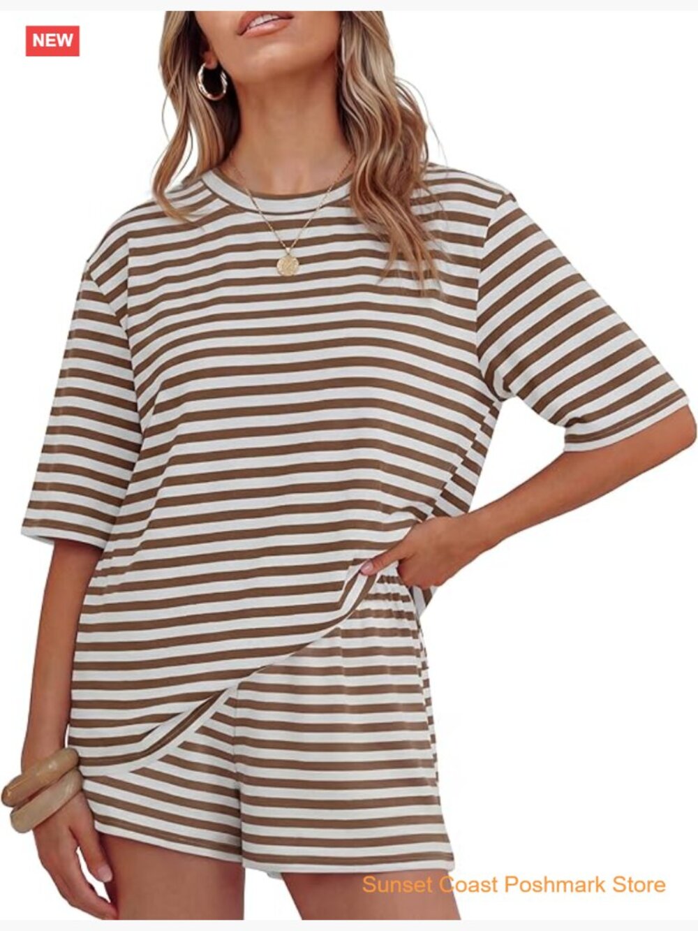 Striped Short Sleeve Loose Fit Two Piece Lounge Set With Pockets